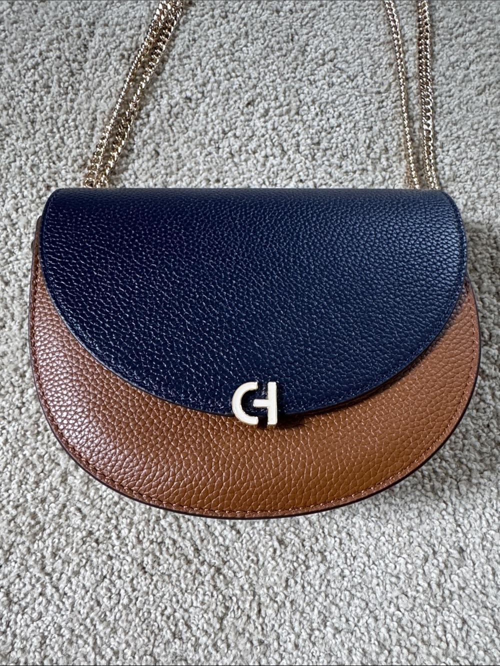 Cole Haan Navy and Brown Pebbled Leather Crossbody with Gold Chain
